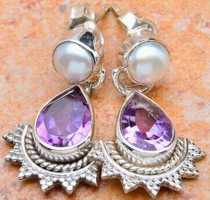 25mm NATURAL AMETHYST PEARL SILVER EARRINGS
